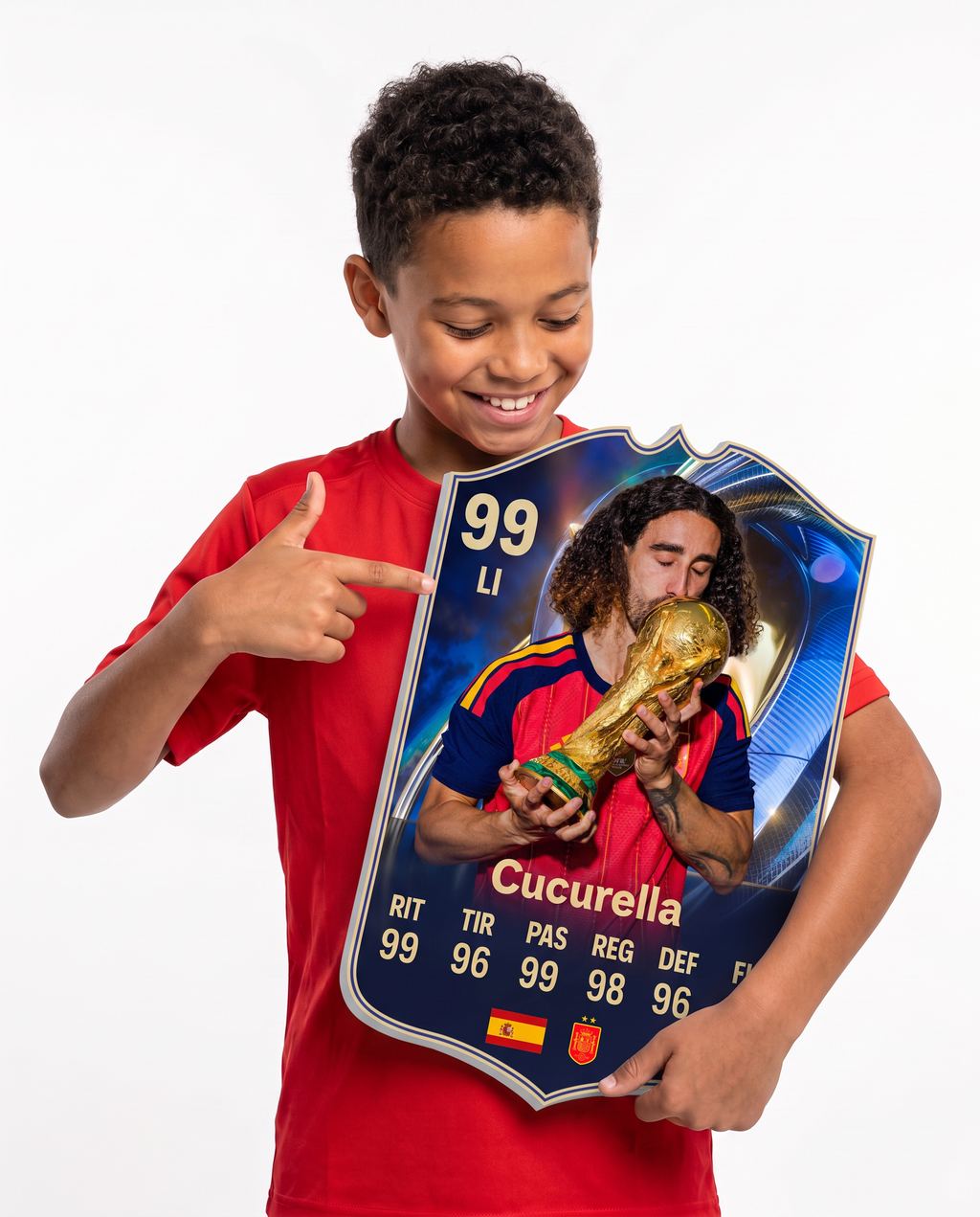 Diseño 2 — niño mostrando su carta de Cucurella — Regalos de Fútbol