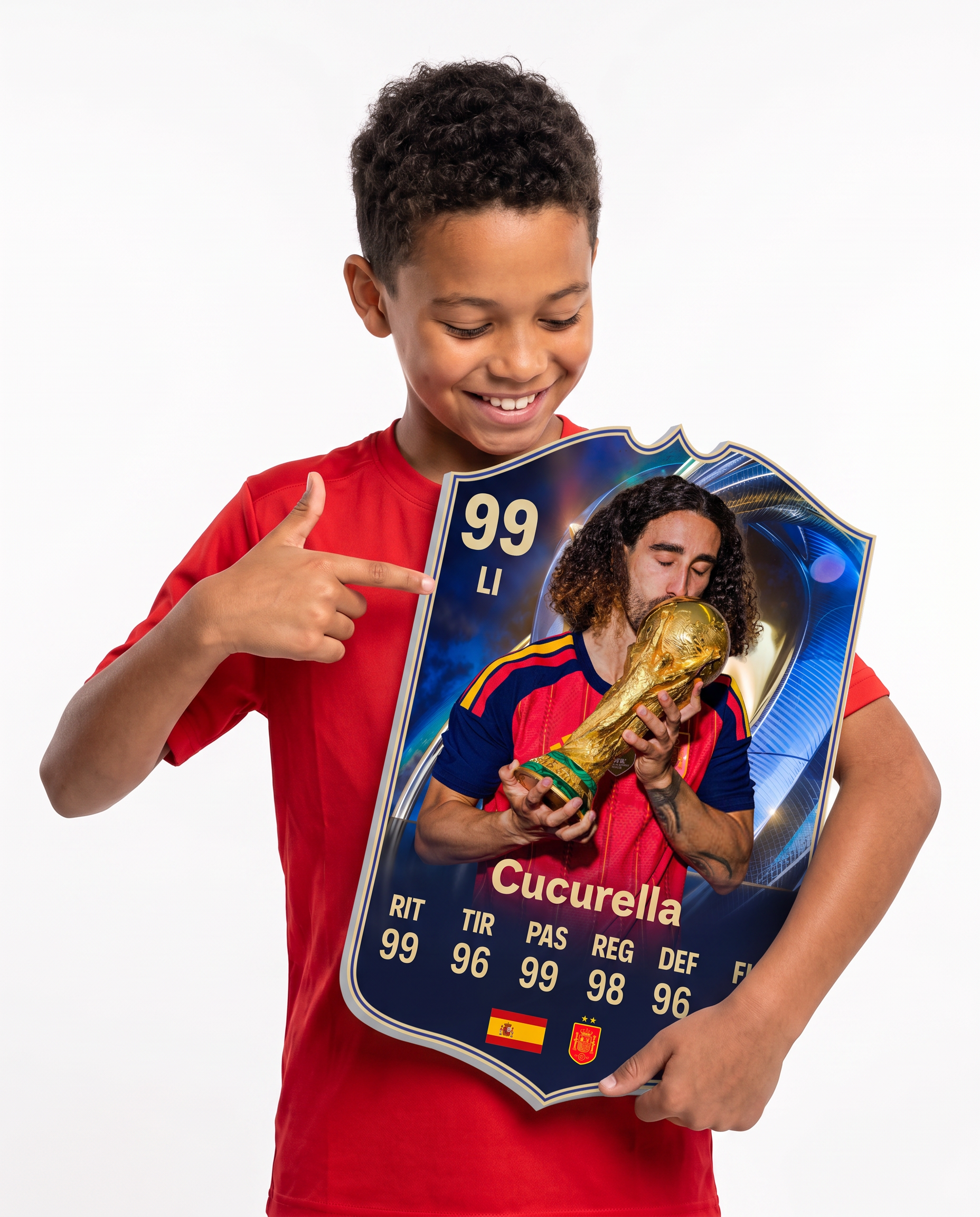 Diseño 2 — niño mostrando su carta de Cucurella — Regalos de Fútbol