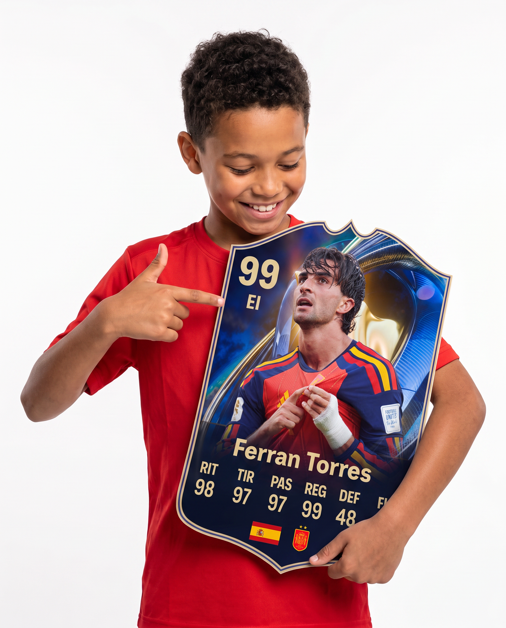 Diseño 3 — niño mostrando su carta de Ferran Torres — Regalos de Fútbol