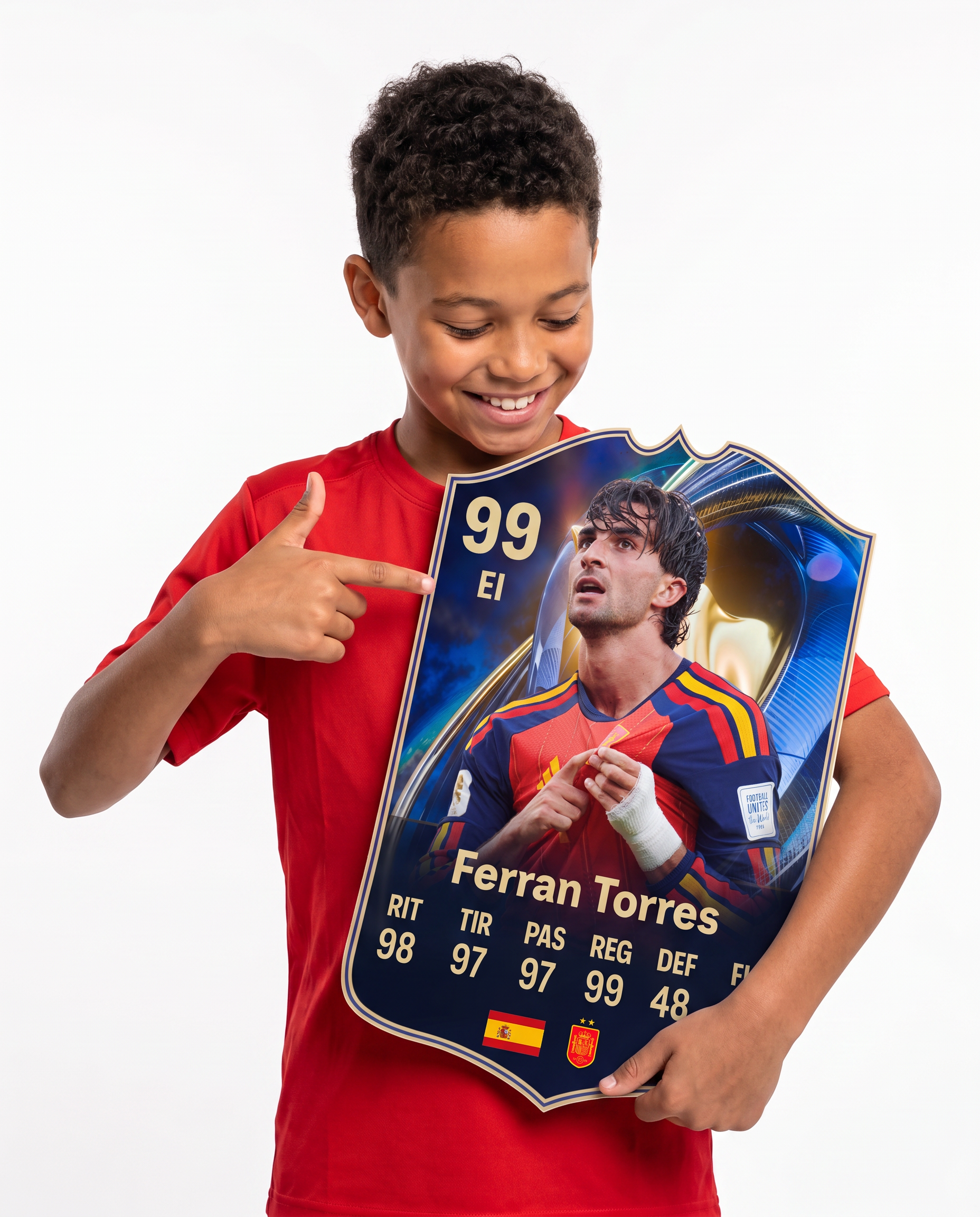 Diseño 3 — niño mostrando su carta de Ferran Torres — Regalos de Fútbol