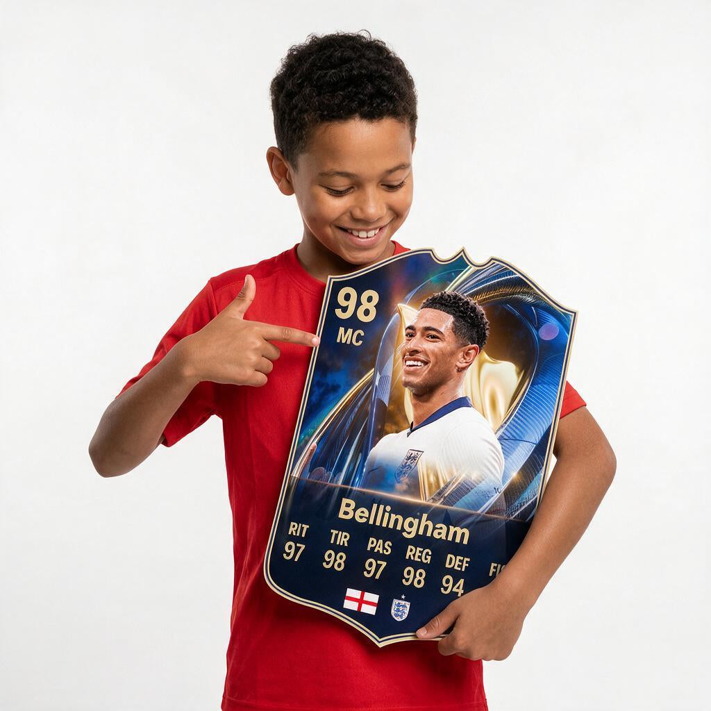 Diseño 3 — niño mostrando su carta de Bellingham — Regalos de Fútbol