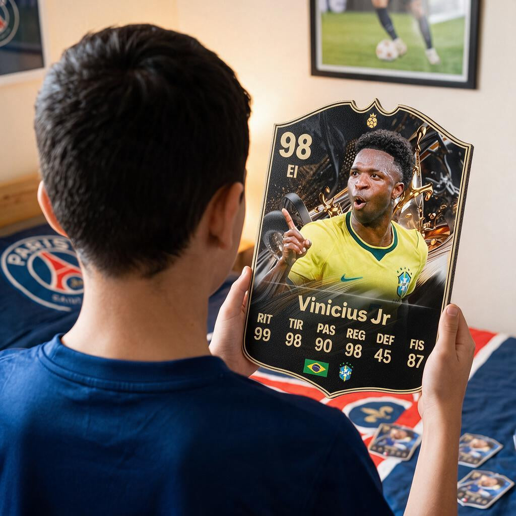 Diseño 2 — niño con la carta de Vinicius Jr en su pieza — Regalos de Fútbol