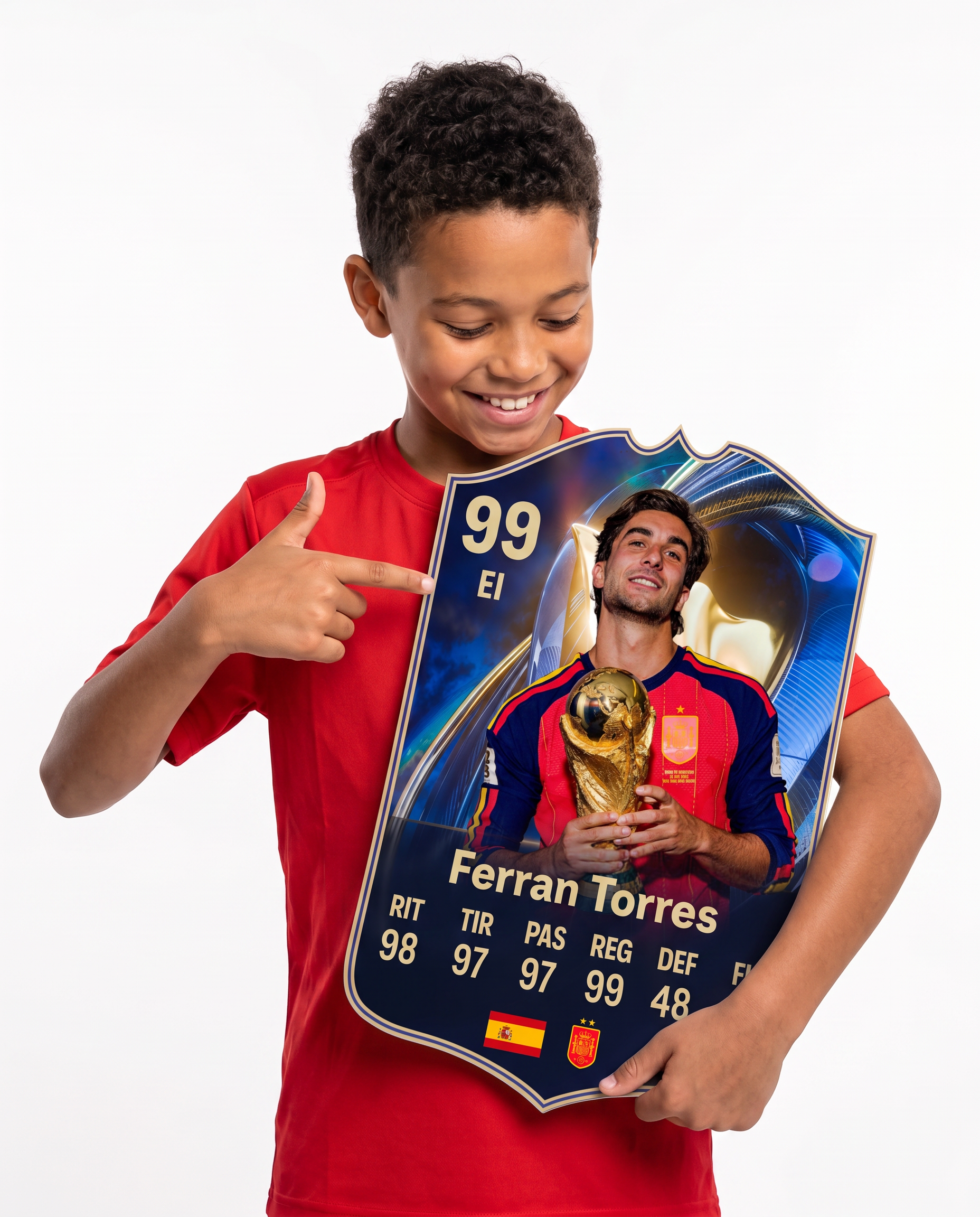 Niño mostrando su carta coleccionable de Ferran Torres — Regalos de Fútbol