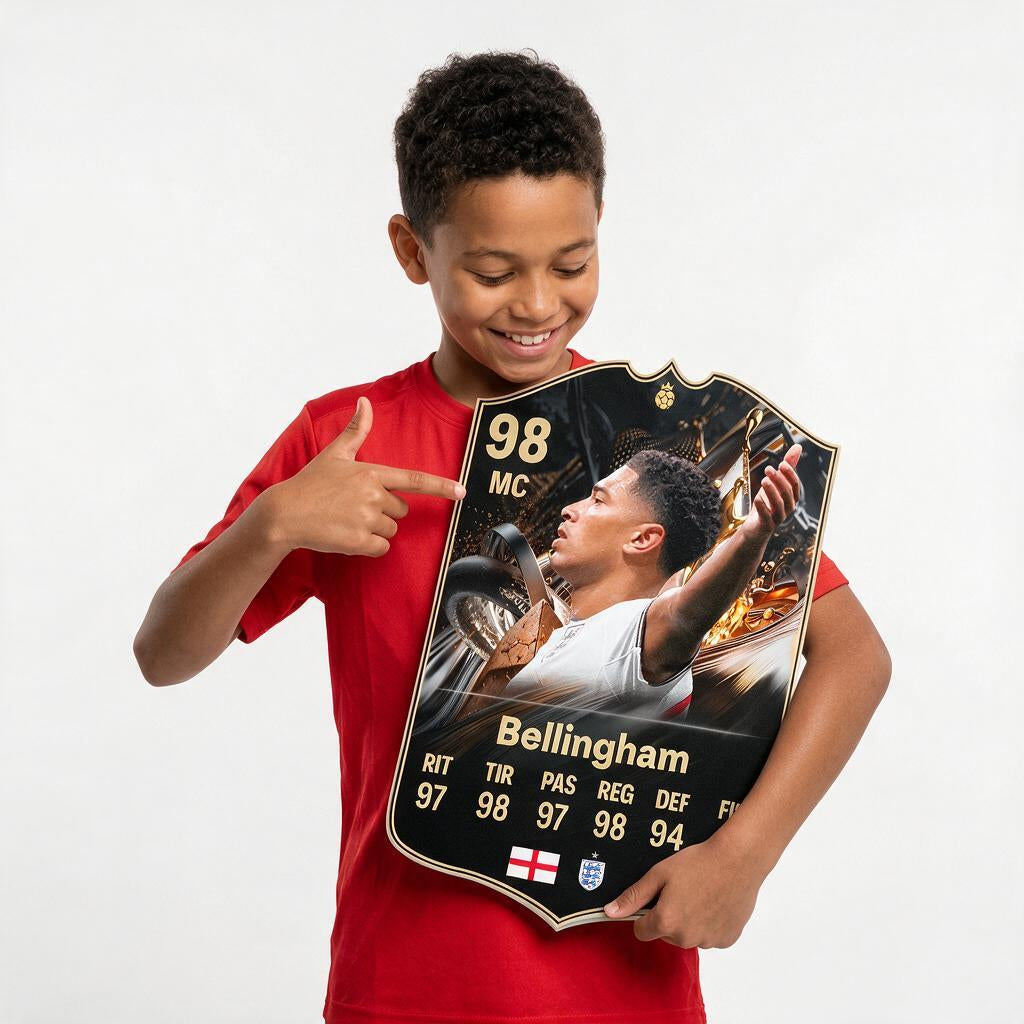 Diseño 4 — niño mostrando su carta de Bellingham — Regalos de Fútbol
