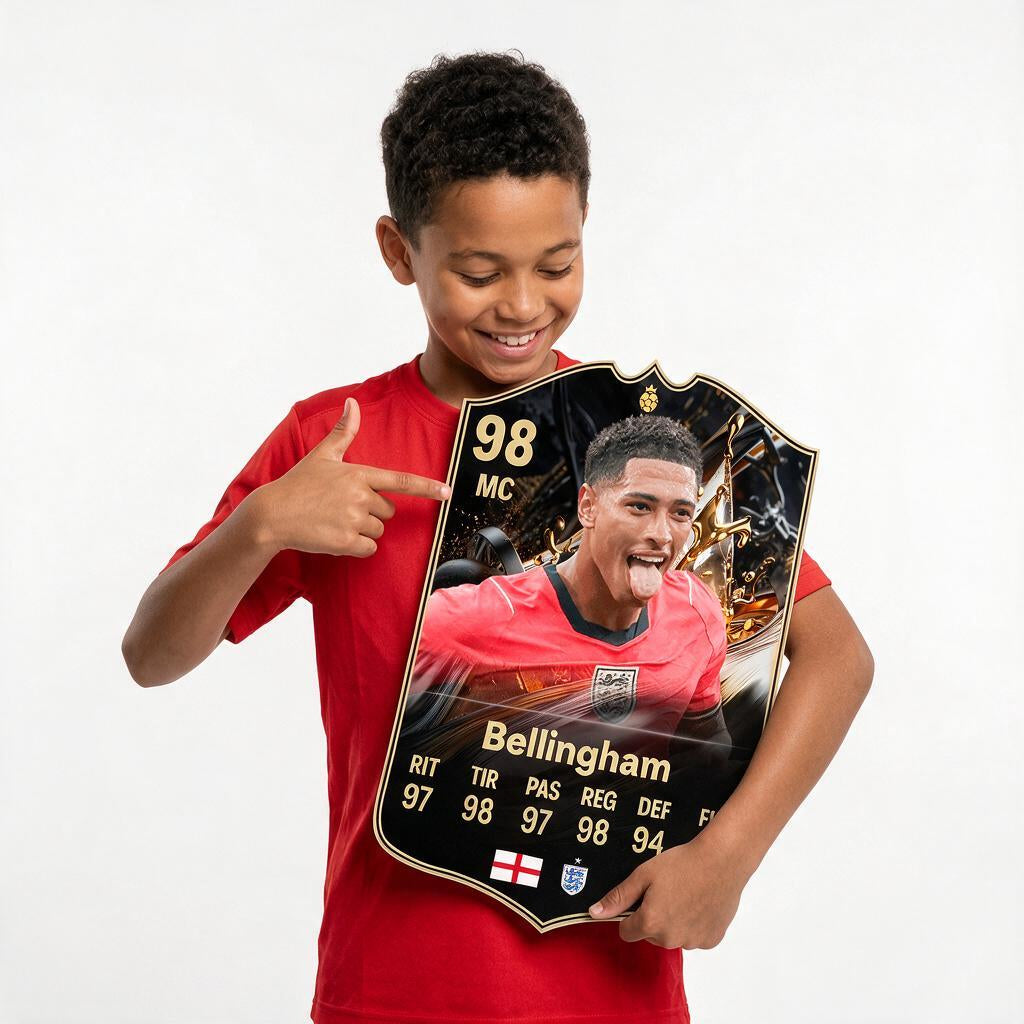 Diseño 6 — niño mostrando su carta de Bellingham — Regalos de Fútbol