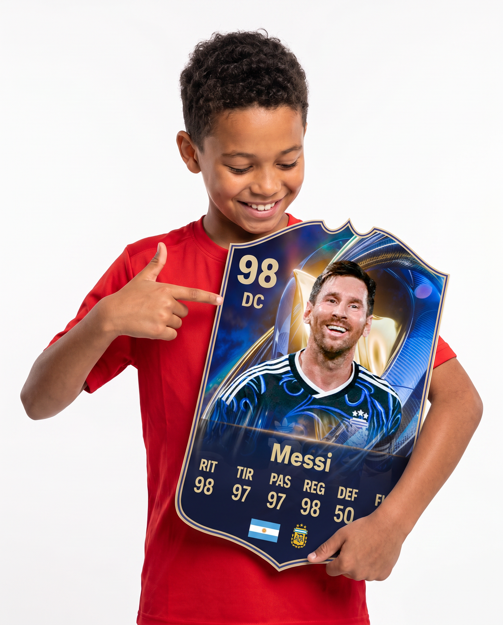 Diseño 6 — niño mostrando su carta de Messi — Regalos de Fútbol