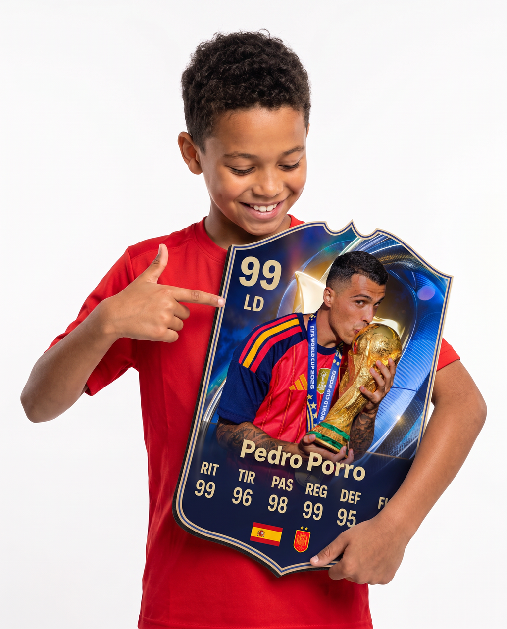 Niño mostrando su carta coleccionable de Pedro Porro — Regalos de Fútbol