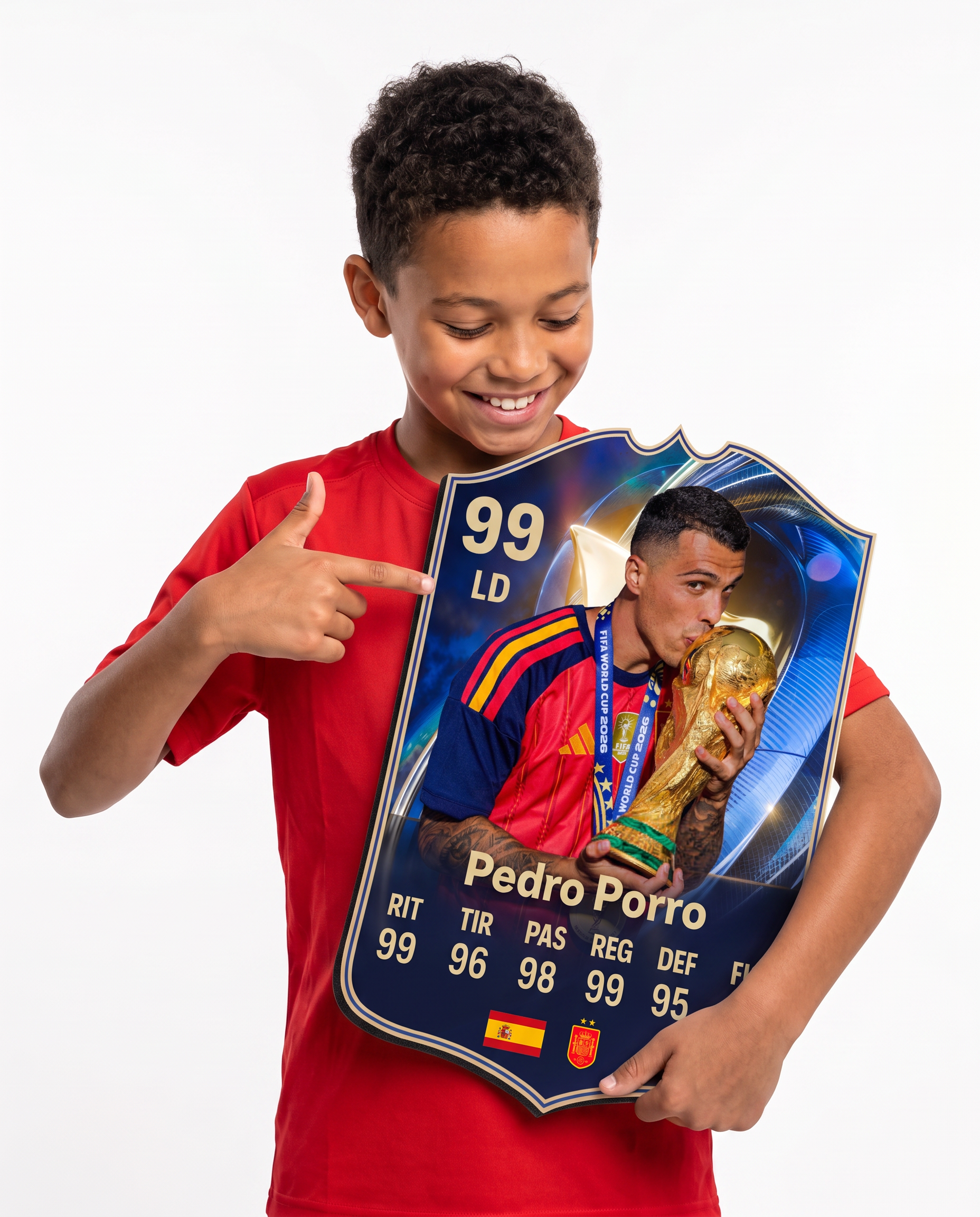 Niño mostrando su carta coleccionable de Pedro Porro — Regalos de Fútbol
