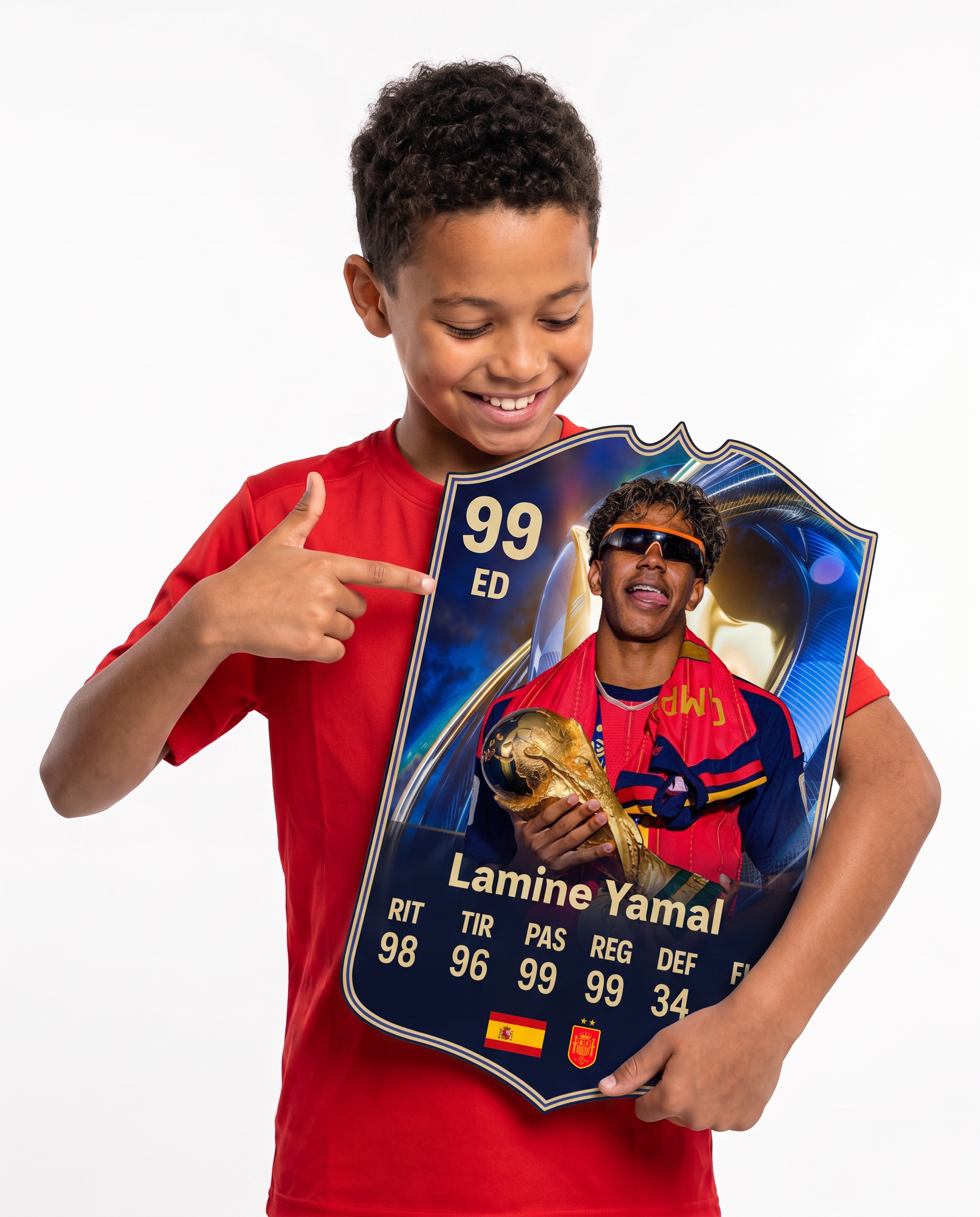 Niño mostrando su carta coleccionable de Lamine Yamal — Regalos de Fútbol
