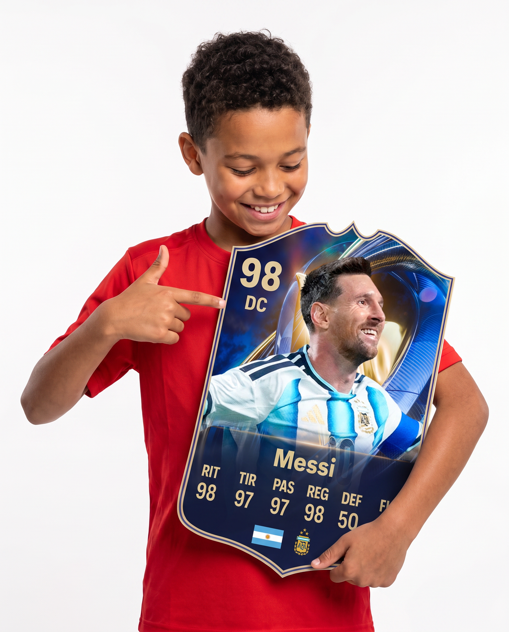 Diseño 3 — niño mostrando su carta de Messi — Regalos de Fútbol