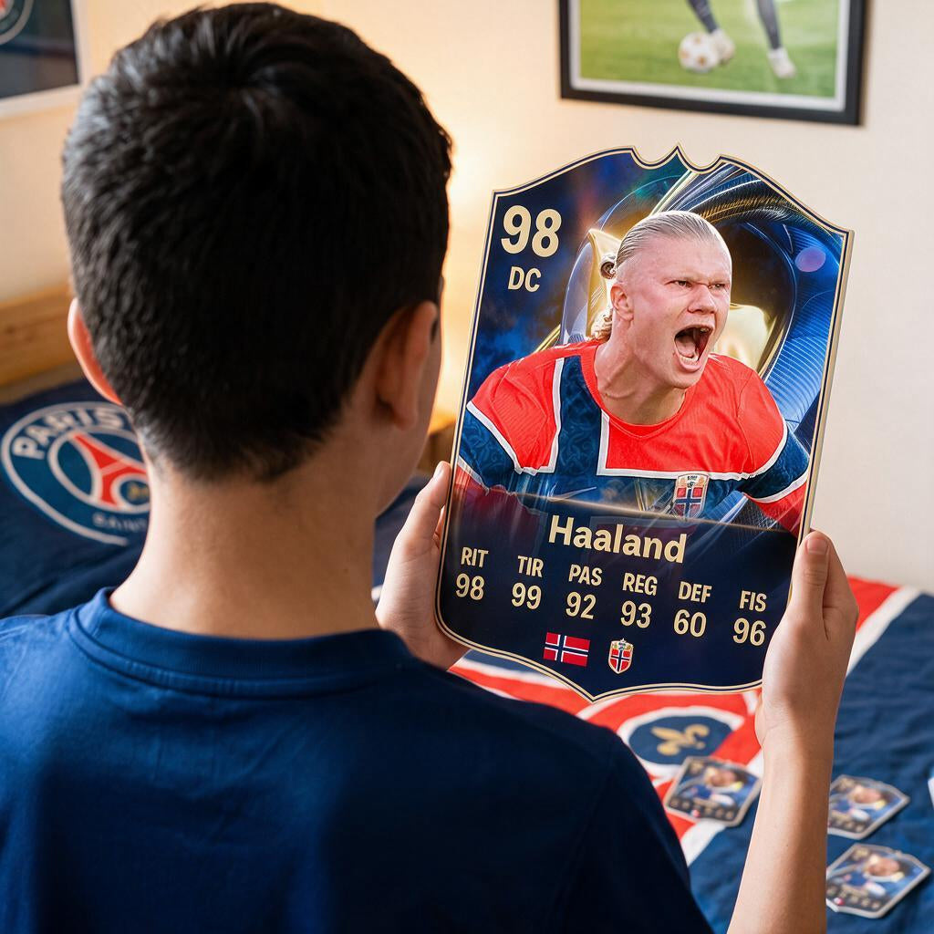 Diseño 2 — niño con la carta de Haaland en su pieza — Regalos de Fútbol