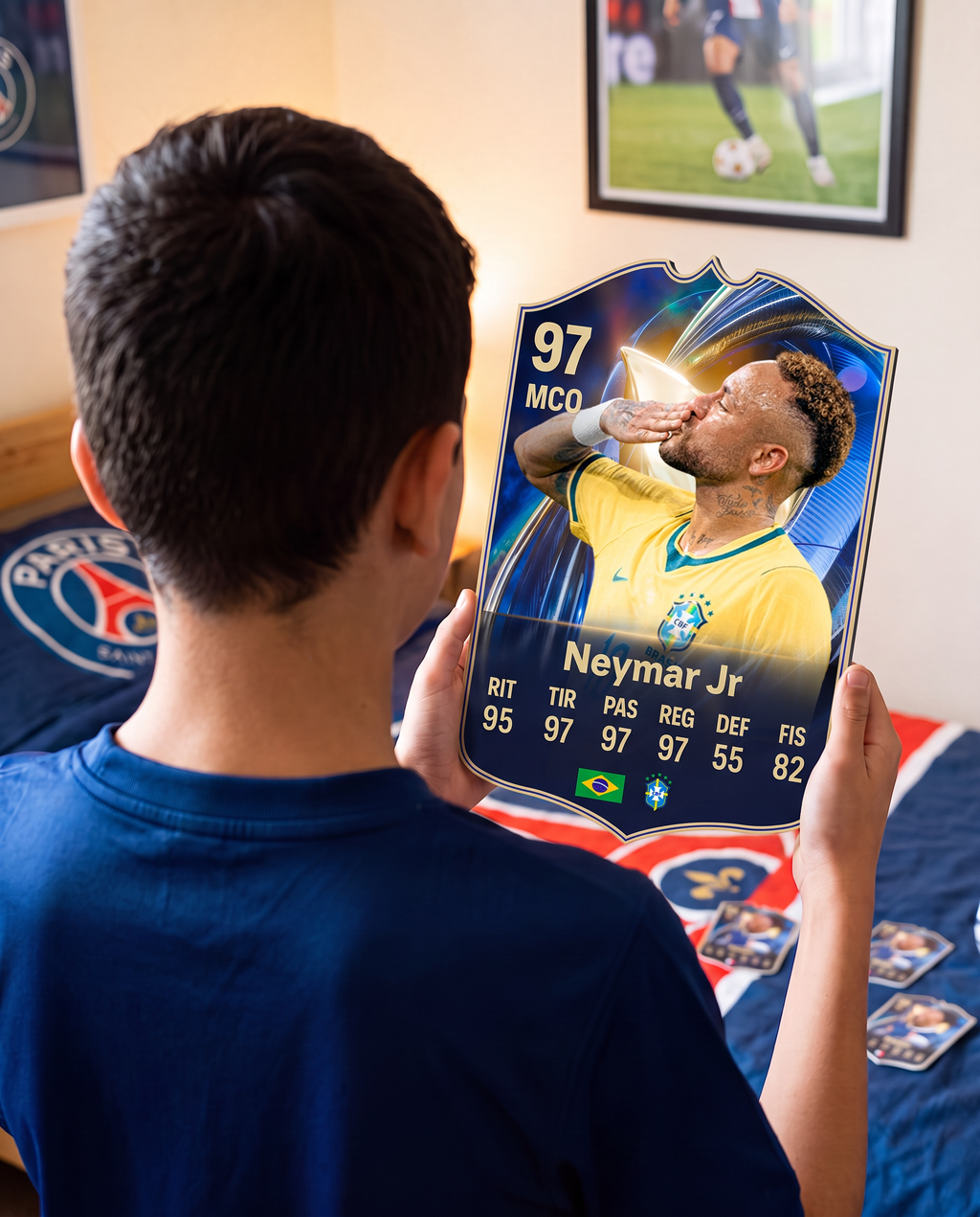 Niño con la carta de Neymar Jr en su pieza — Regalos de Fútbol