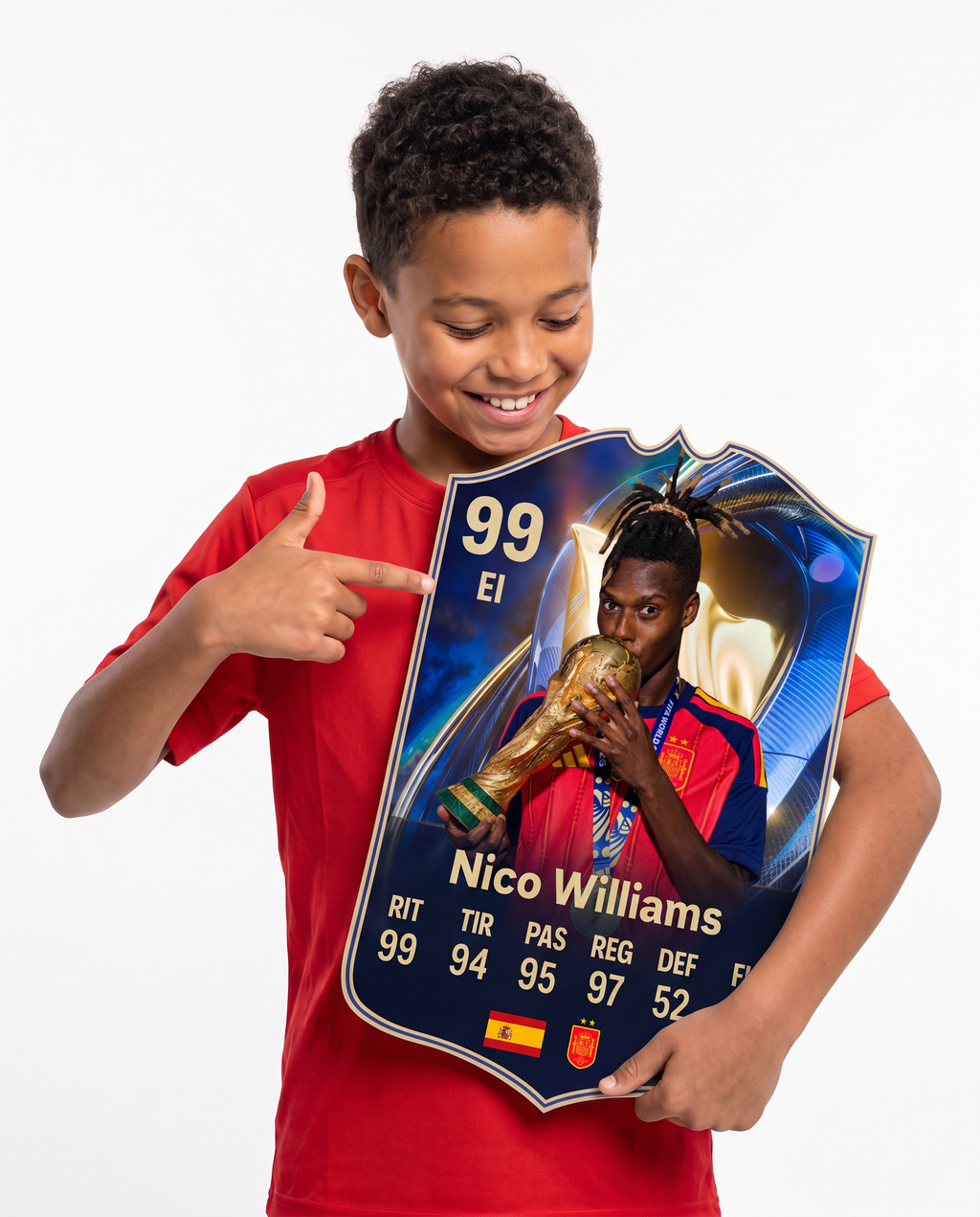 Niño mostrando su carta coleccionable de Nico Williams — Regalos de Fútbol