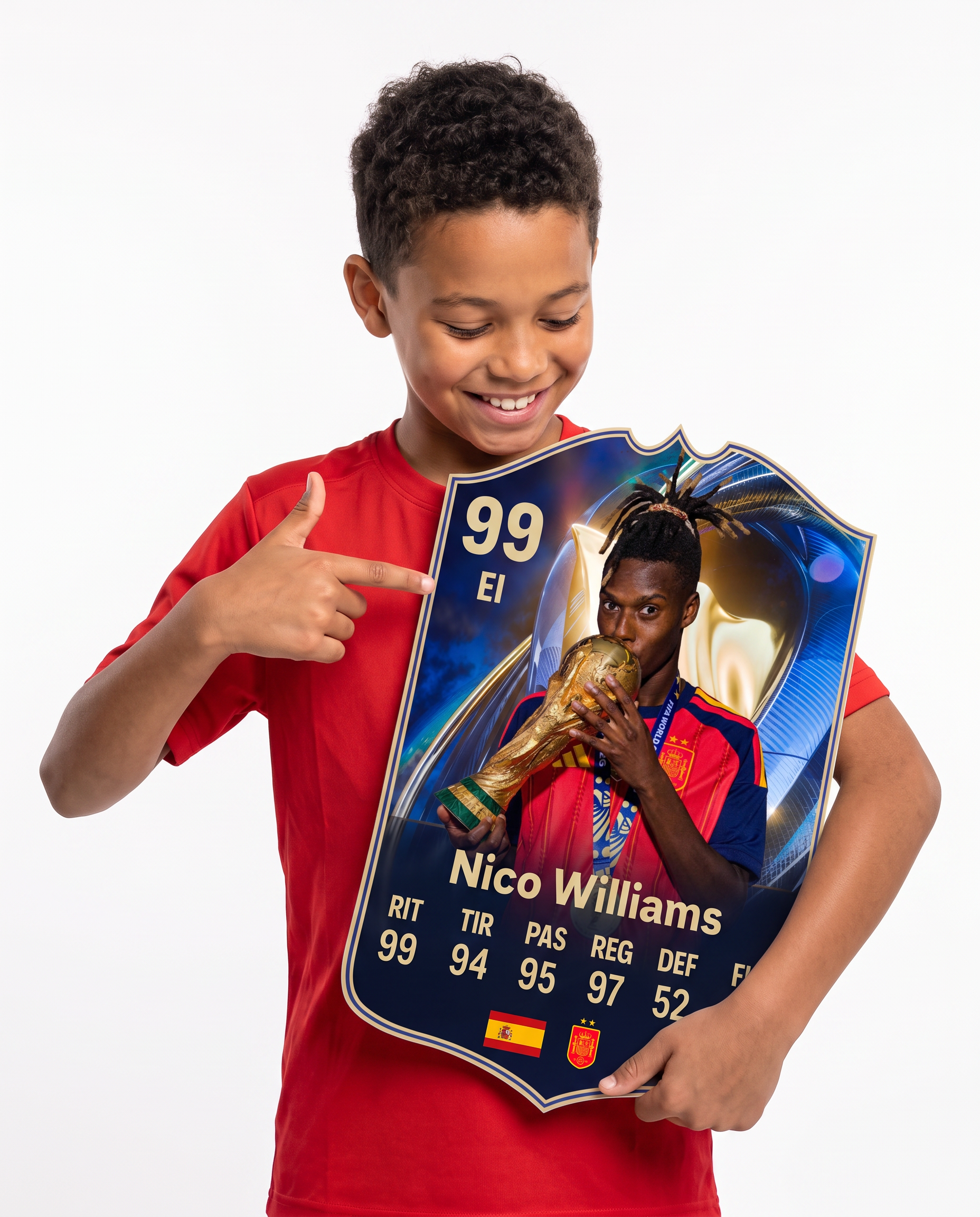 Niño mostrando su carta coleccionable de Nico Williams — Regalos de Fútbol