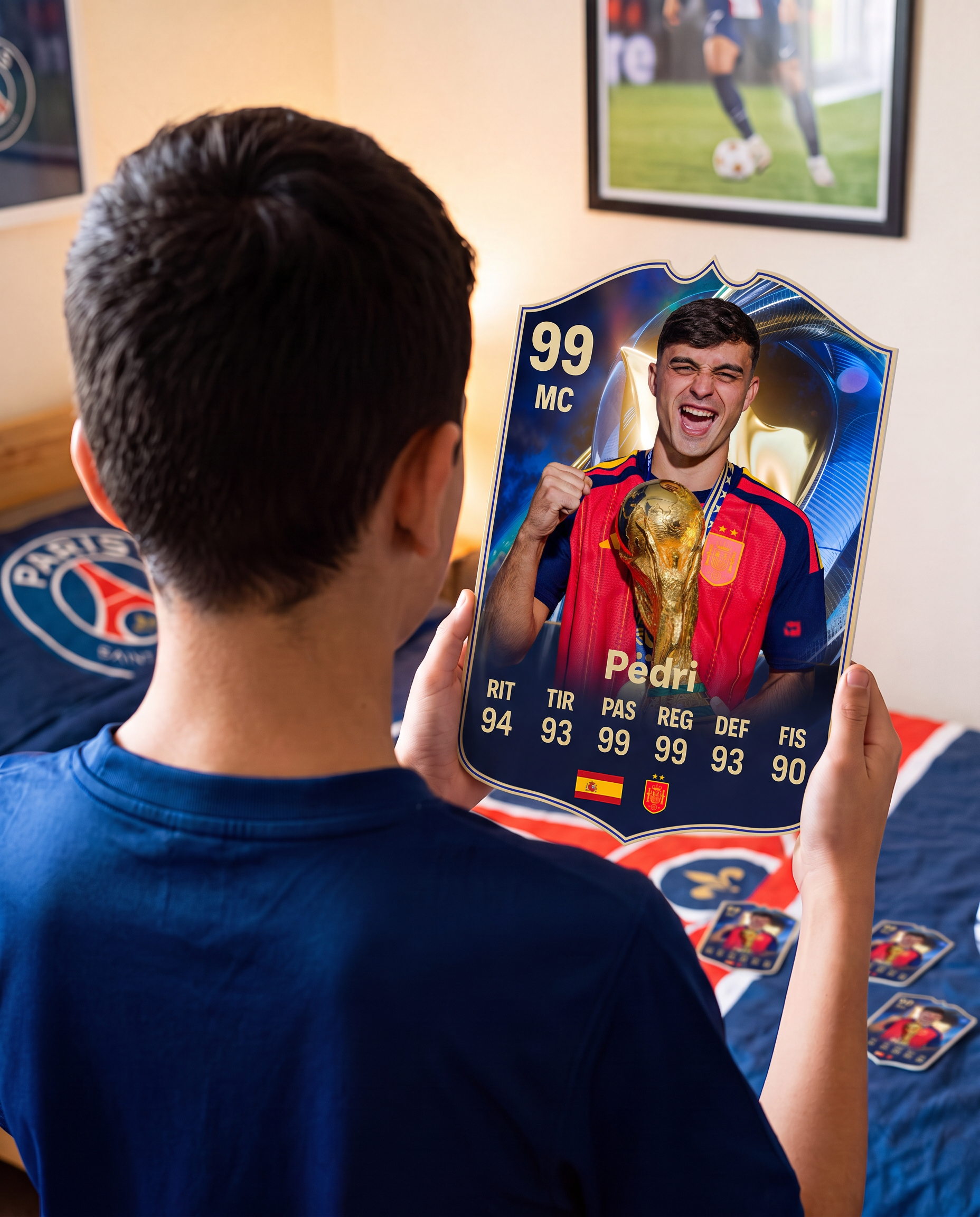 Niño con la carta de Pedri en su pieza — Regalos de Fútbol