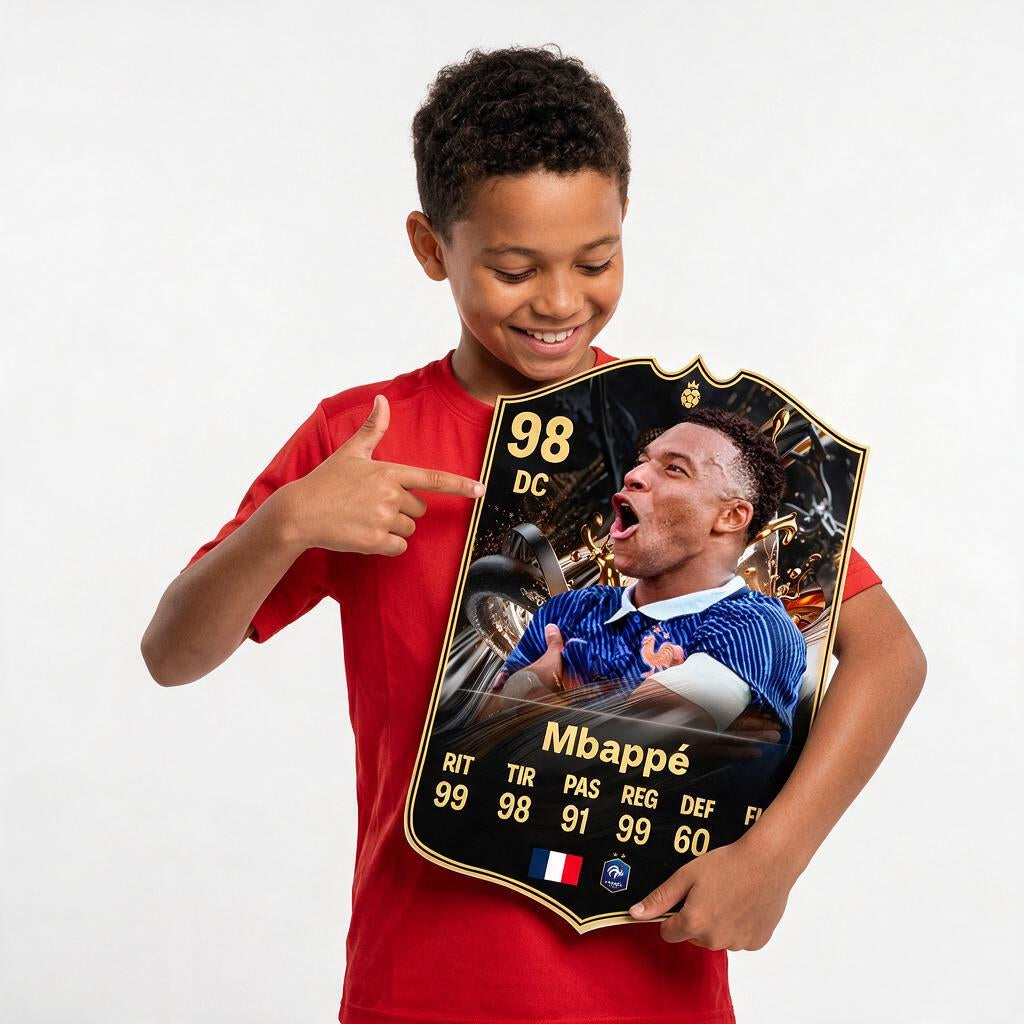 Diseño 2 — niño mostrando su carta de Mbappé — Regalos de Fútbol