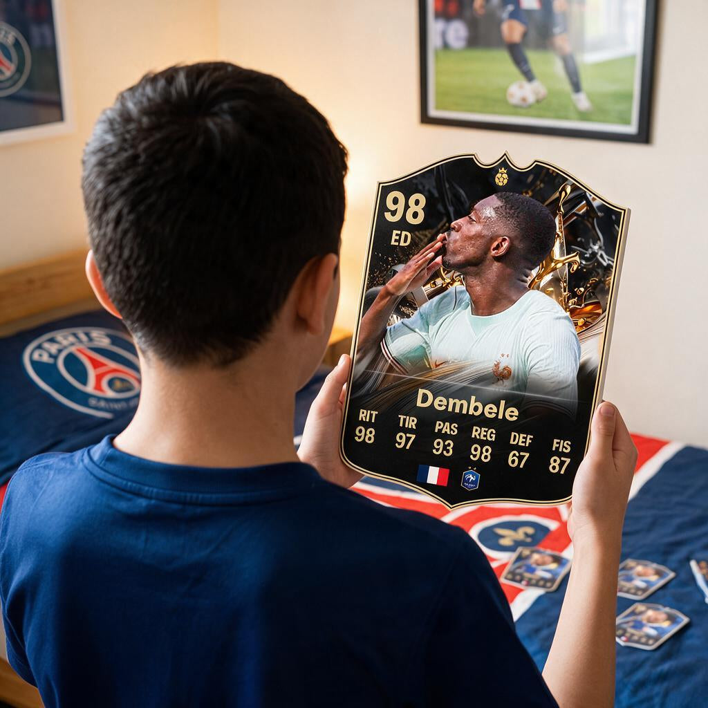 Diseño 2 — niño con la carta de Dembélé en su pieza — Regalos de Fútbol