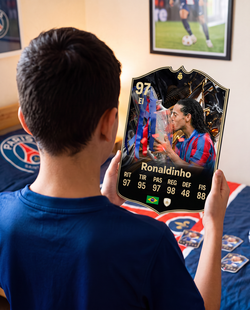 Niño con la carta de Ronaldinho en su pieza — Regalos de Fútbol