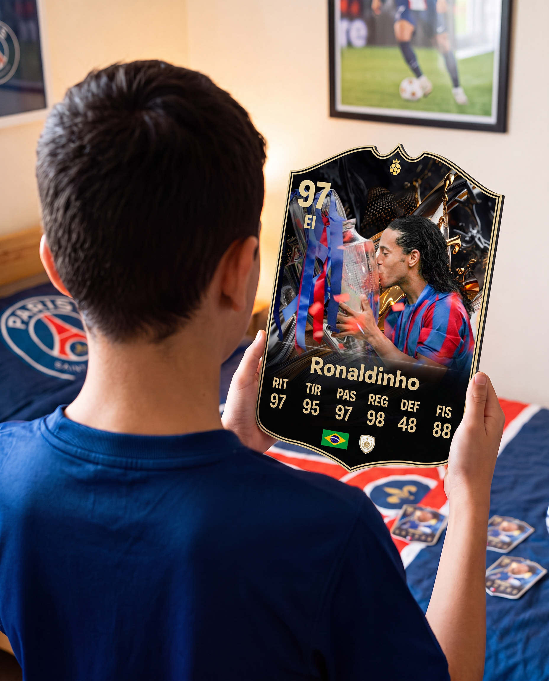 Niño con la carta de Ronaldinho en su pieza — Regalos de Fútbol