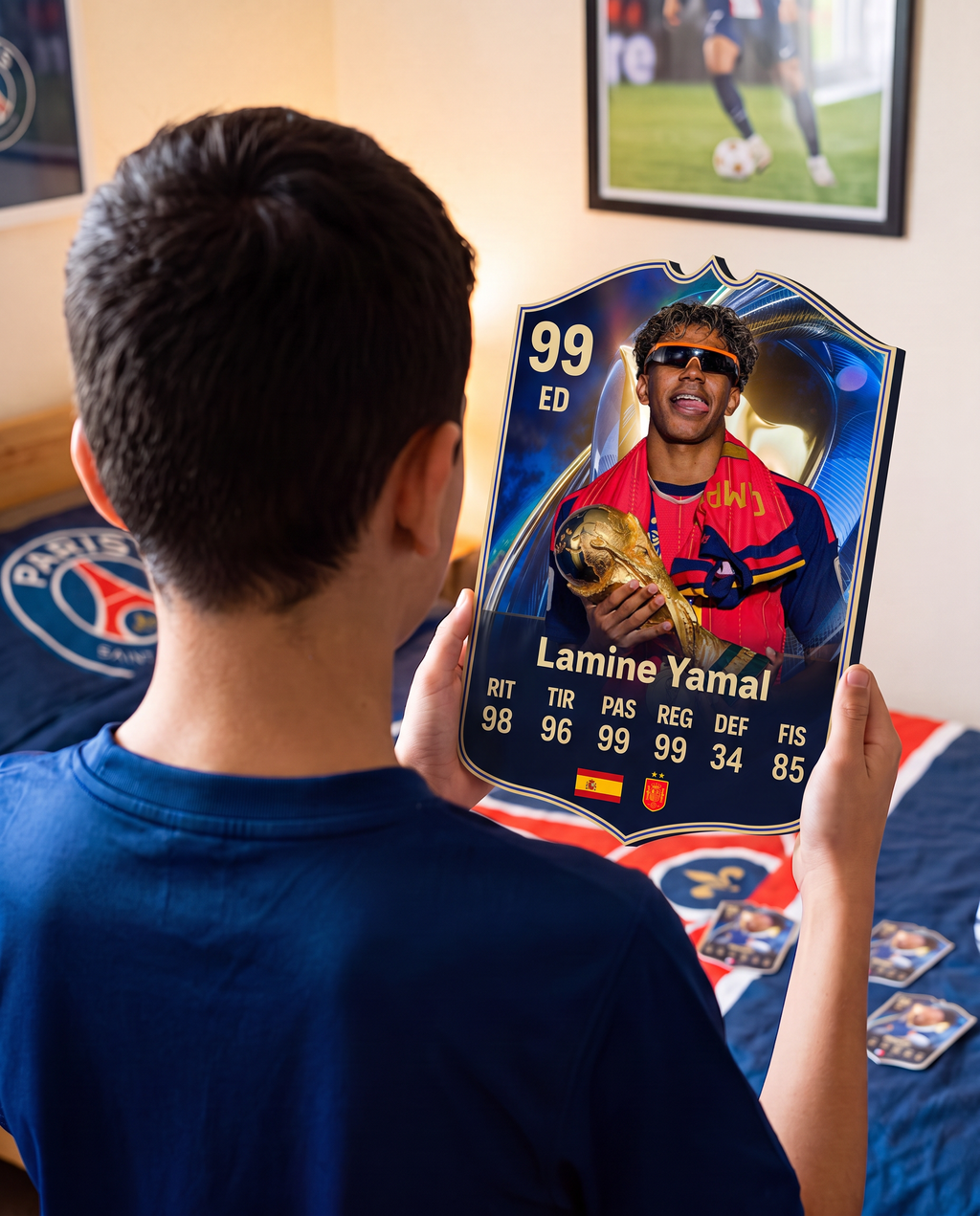 Niño con la carta de Lamine Yamal en su pieza — Regalos de Fútbol