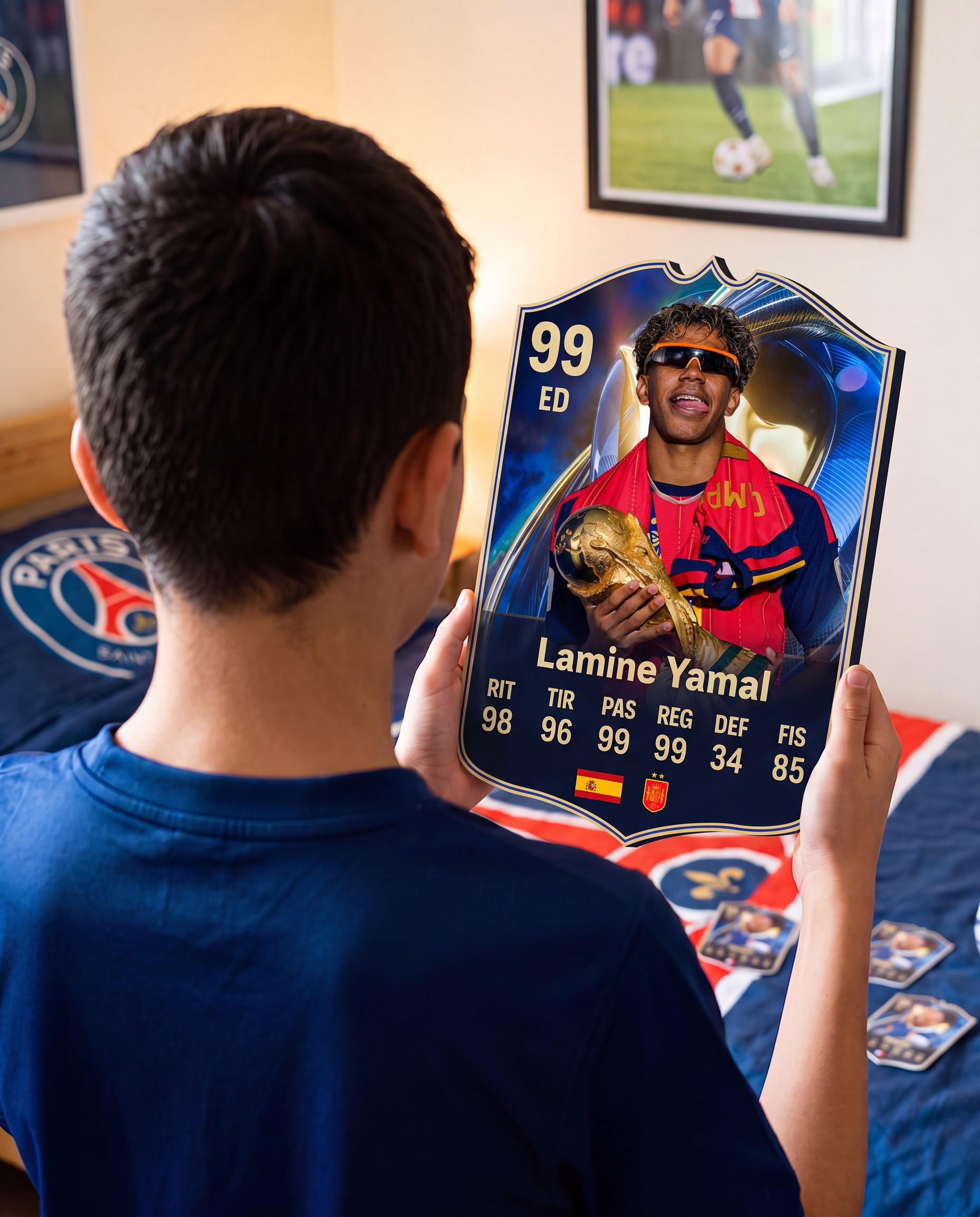 Niño con la carta de Lamine Yamal en su pieza — Regalos de Fútbol