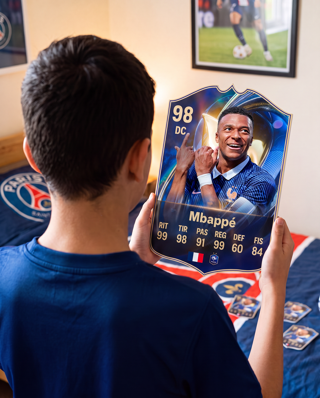 Diseño 6 — niño con la carta de Mbappé en su pieza — Regalos de Fútbol