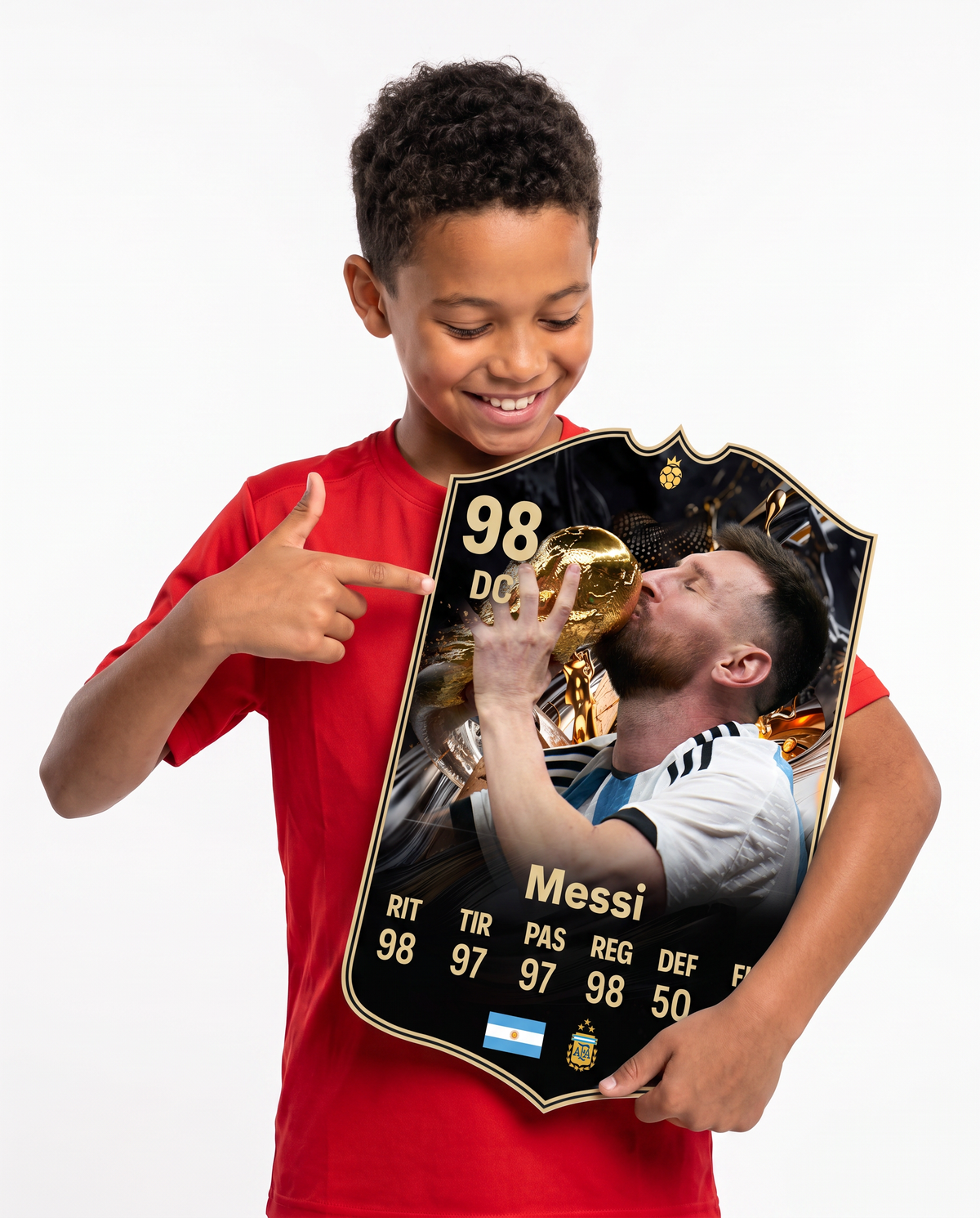 Diseño 2 — niño mostrando su carta de Messi — Regalos de Fútbol