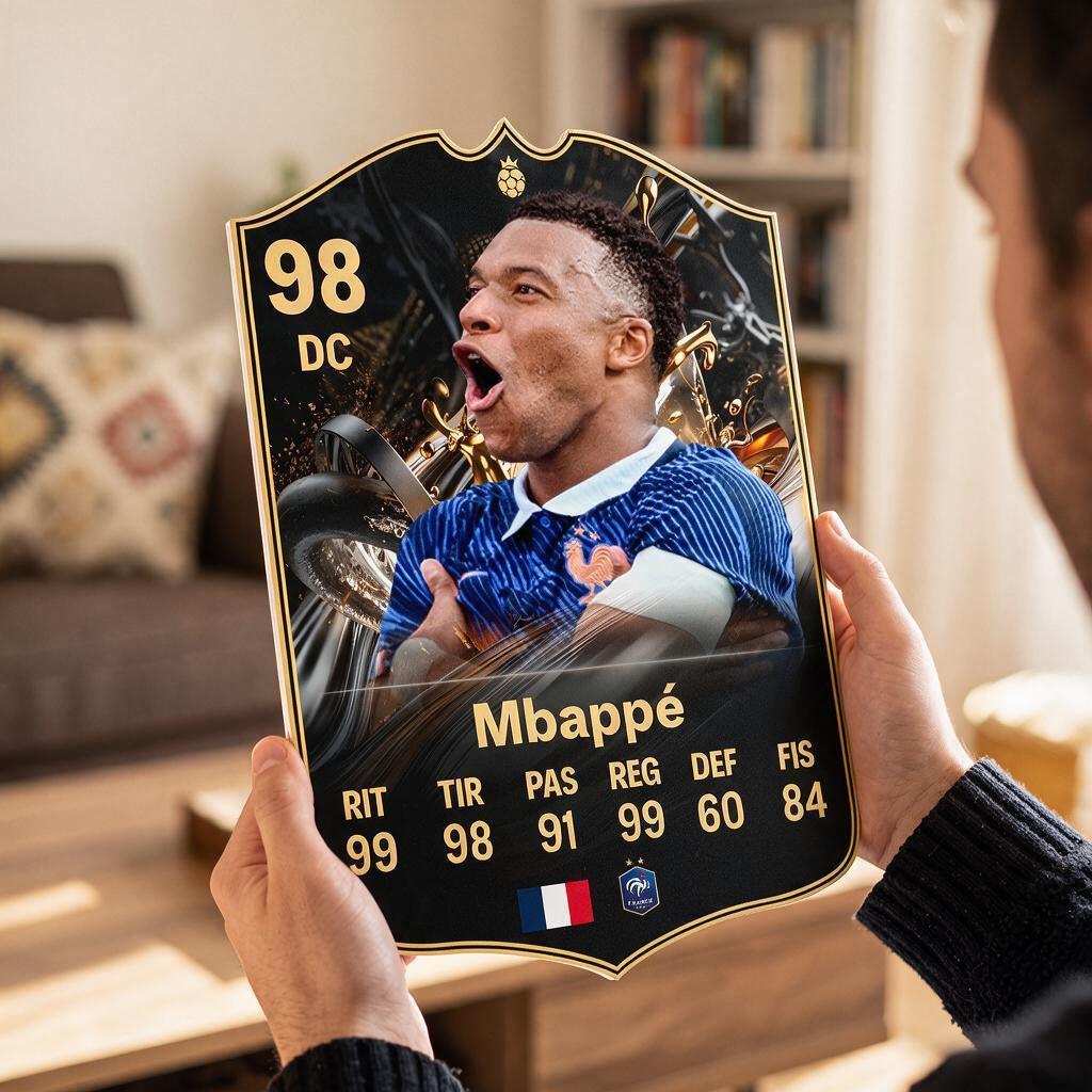 Diseño 2 — carta de Mbappé en las manos — Regalos de Fútbol