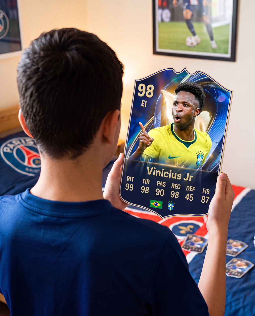 Niño con la carta de Vinicius Jr en su pieza — Regalos de Fútbol