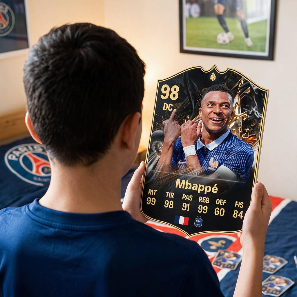 Diseño 1 — niño con la carta de Mbappé en su pieza — Regalos de Fútbol