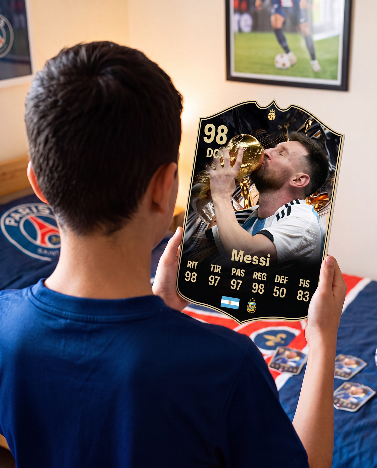 Diseño 2 — niño con la carta de Messi en su pieza — Regalos de Fútbol
