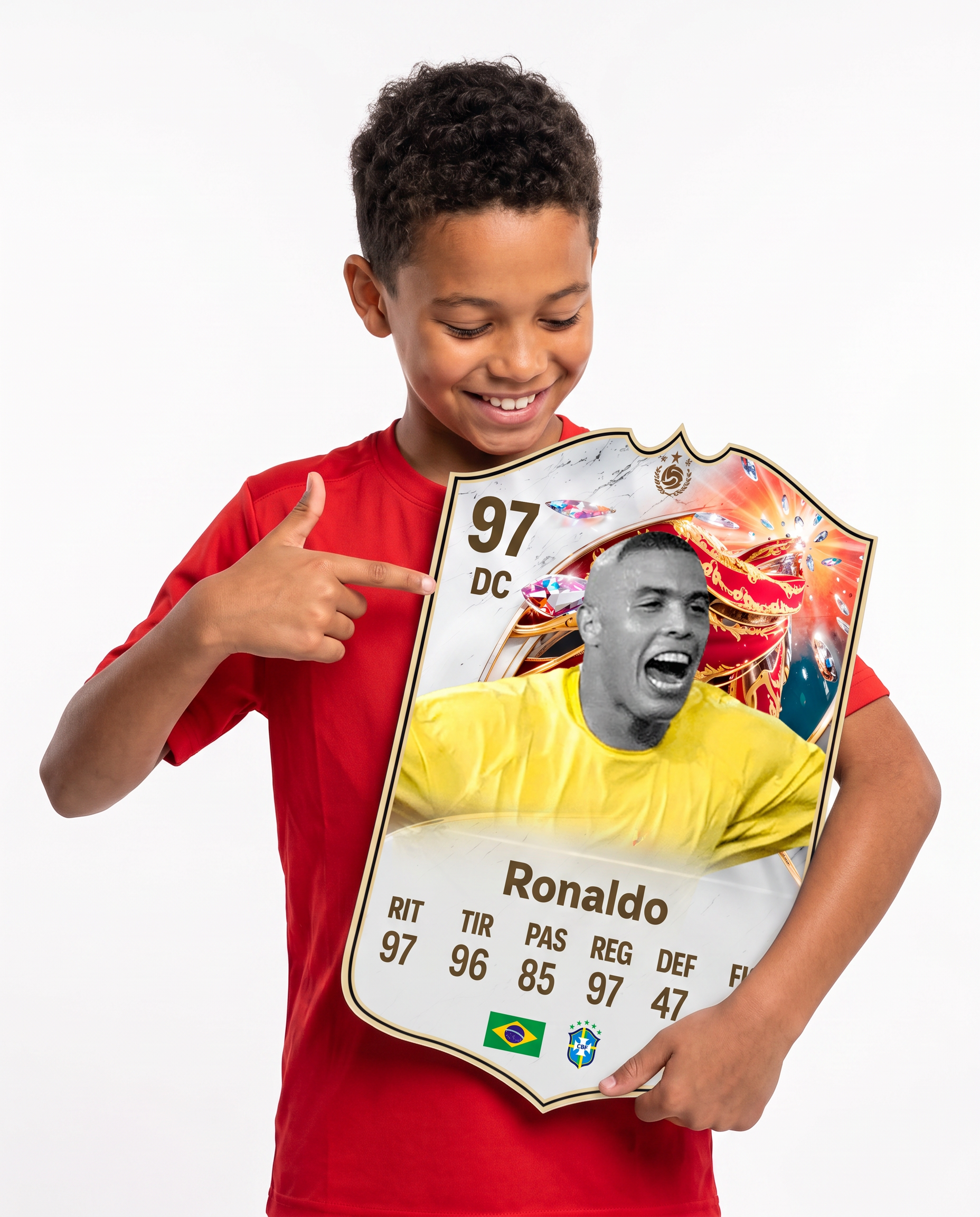 Niño mostrando su carta coleccionable de Ronaldo — Regalos de Fútbol