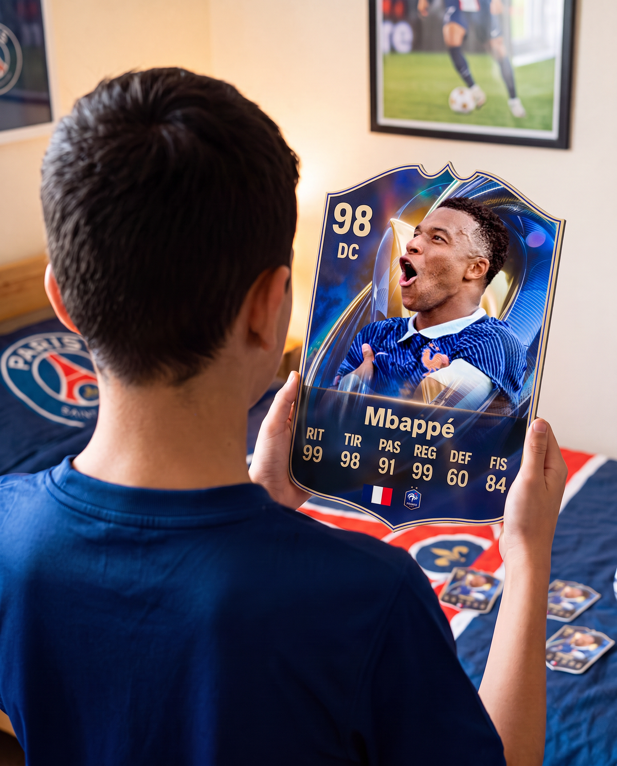 Diseño 5 — niño con la carta de Mbappé en su pieza — Regalos de Fútbol