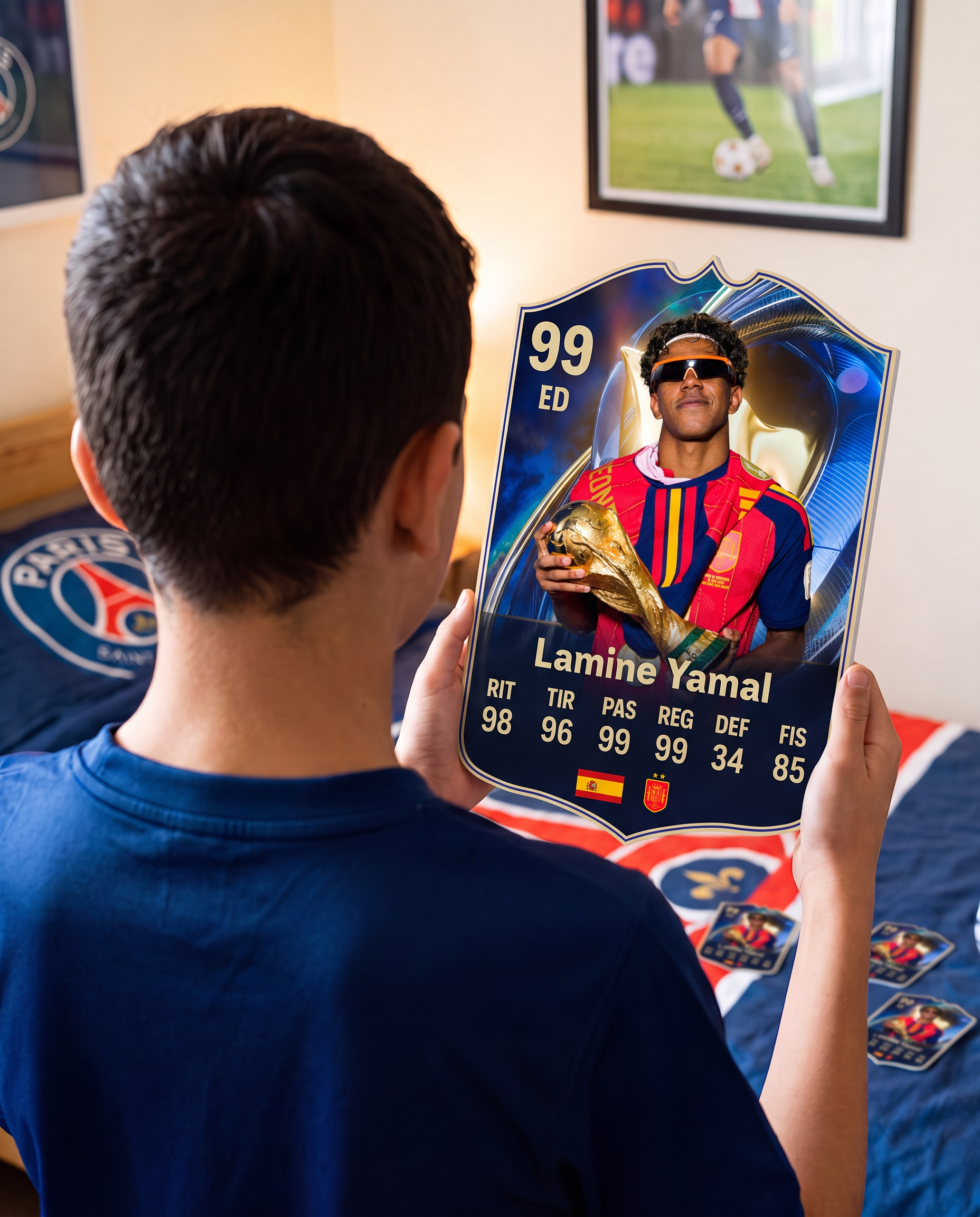 Diseño 2 — niño con la carta de Lamine Yamal en su pieza — Regalos de Fútbol