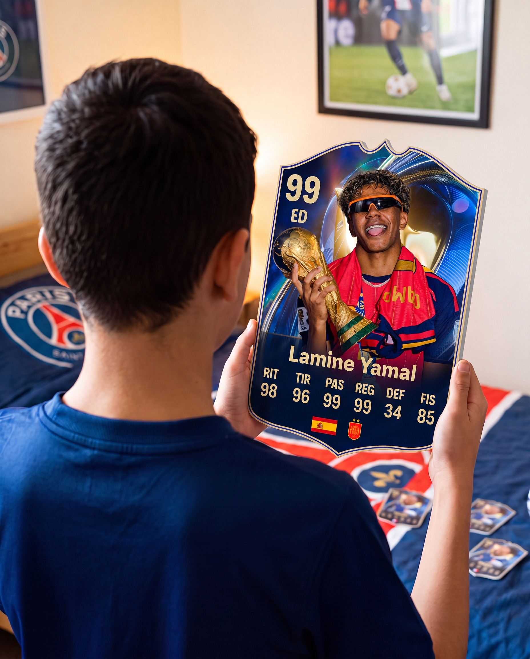 Diseño 3 — niño con la carta de Lamine Yamal en su pieza — Regalos de Fútbol