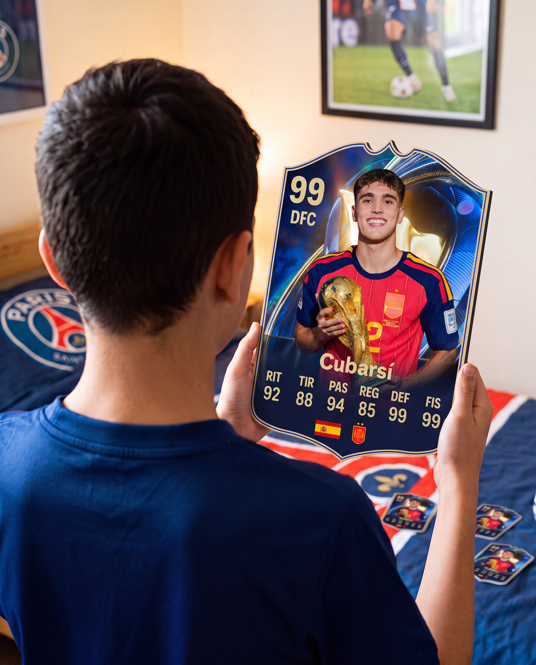 Niño con la carta de Cubarsí en su pieza — Regalos de Fútbol