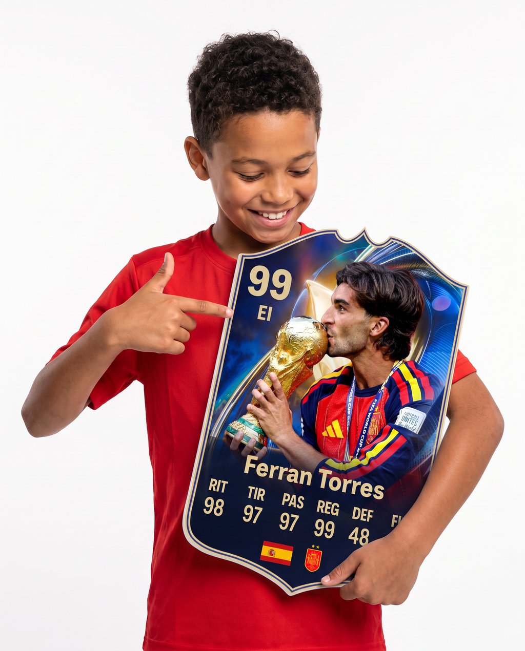 Diseño 2 — niño mostrando su carta de Ferran Torres — Regalos de Fútbol