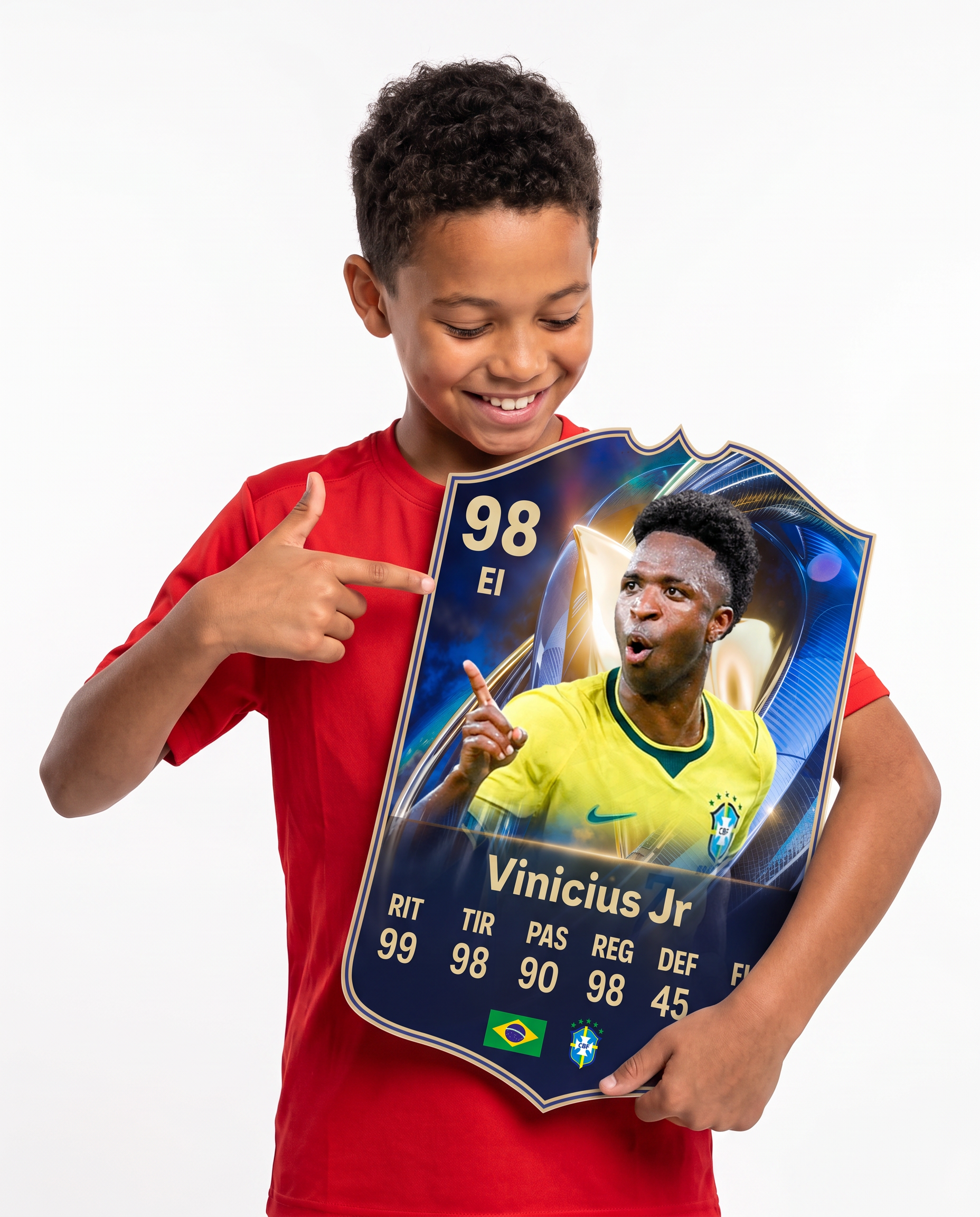 Niño mostrando su carta coleccionable de Vinicius Jr — Regalos de Fútbol
