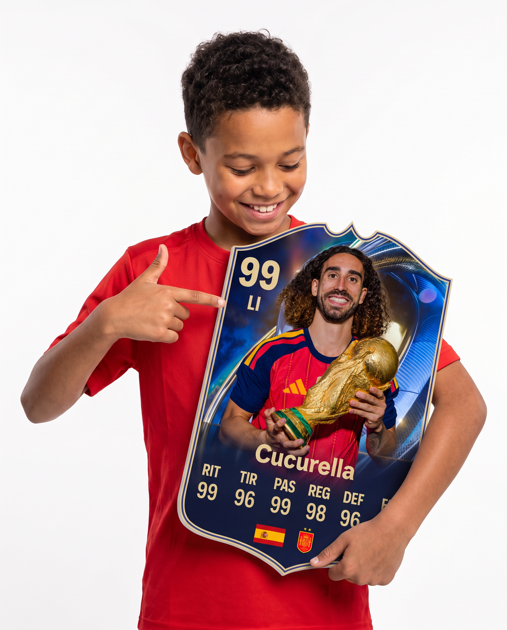 Niño mostrando su carta coleccionable de Cucurella — Regalos de Fútbol