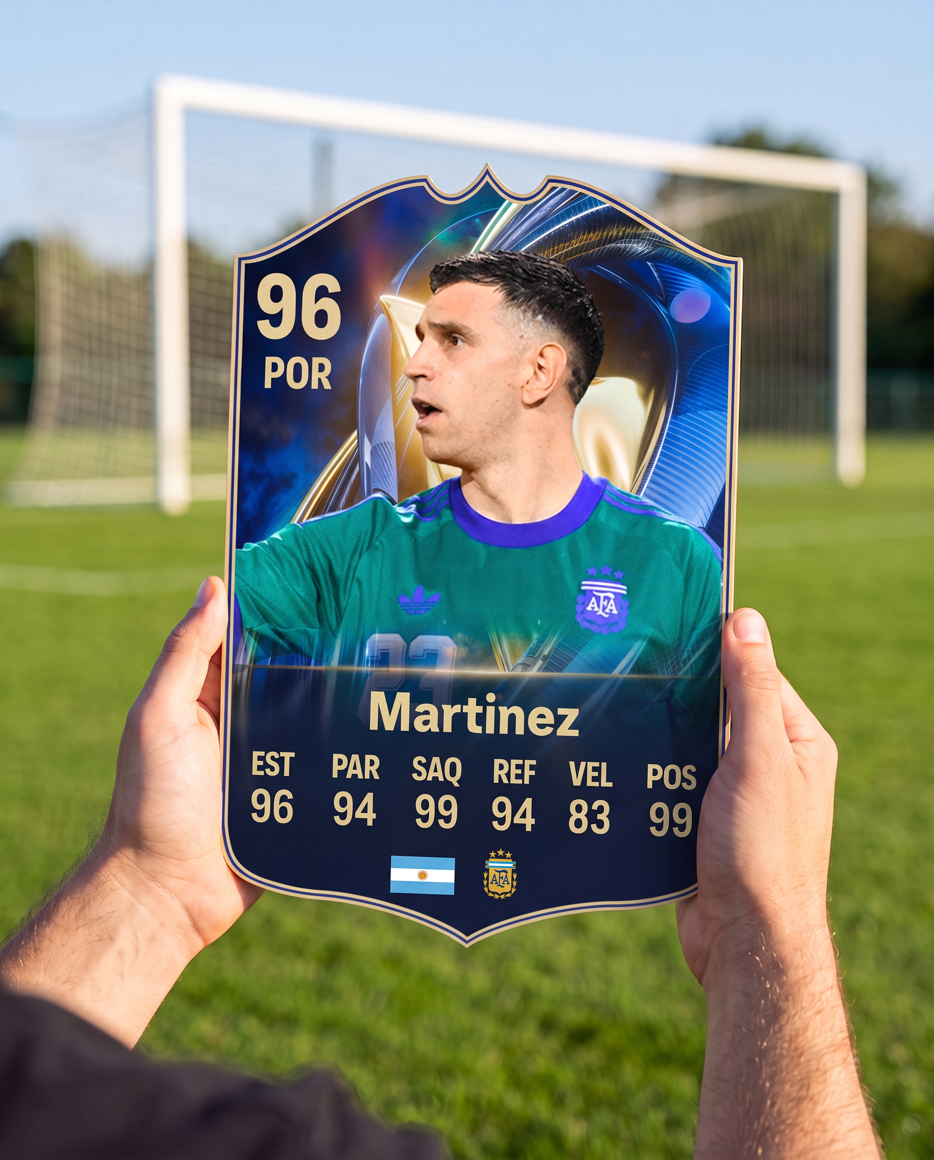 Carta coleccionable del Dibu Martínez en la cancha — Regalos de Fútbol
