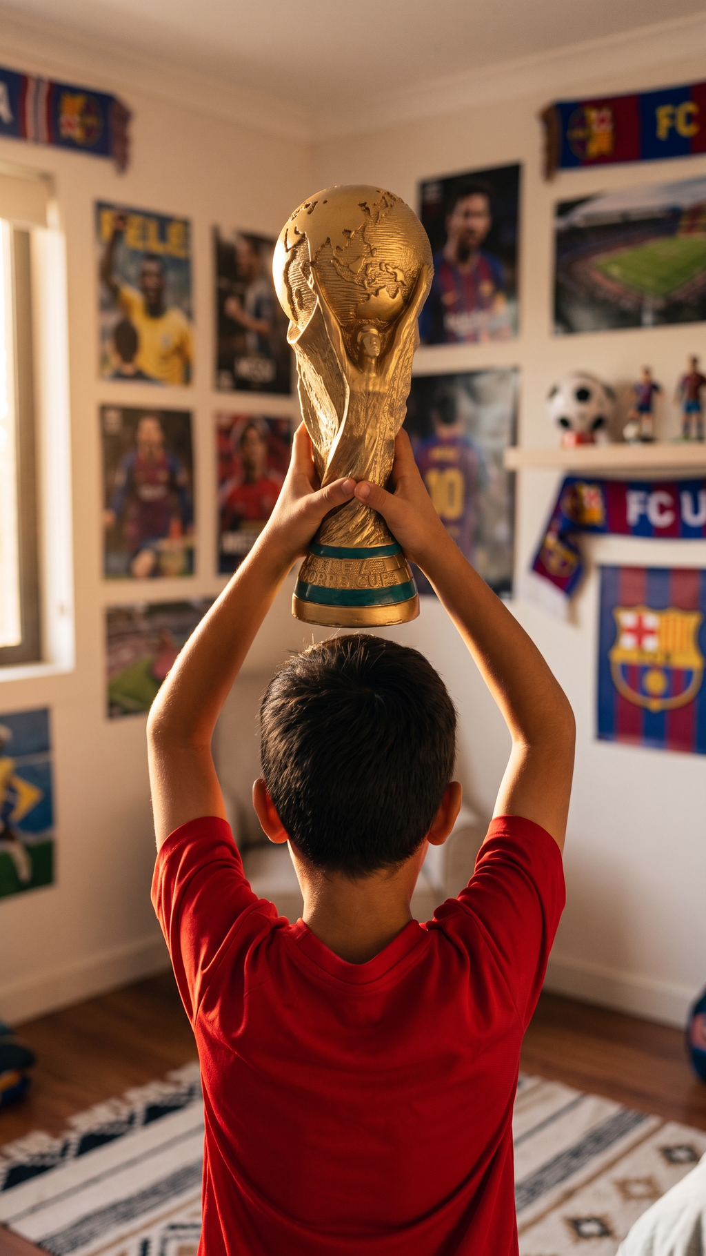 Niño celebrando con la réplica de la Copa del Mundo — Regalos de Fútbol