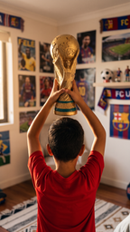 Niño celebrando con la réplica de la Copa del Mundo — Regalos de Fútbol