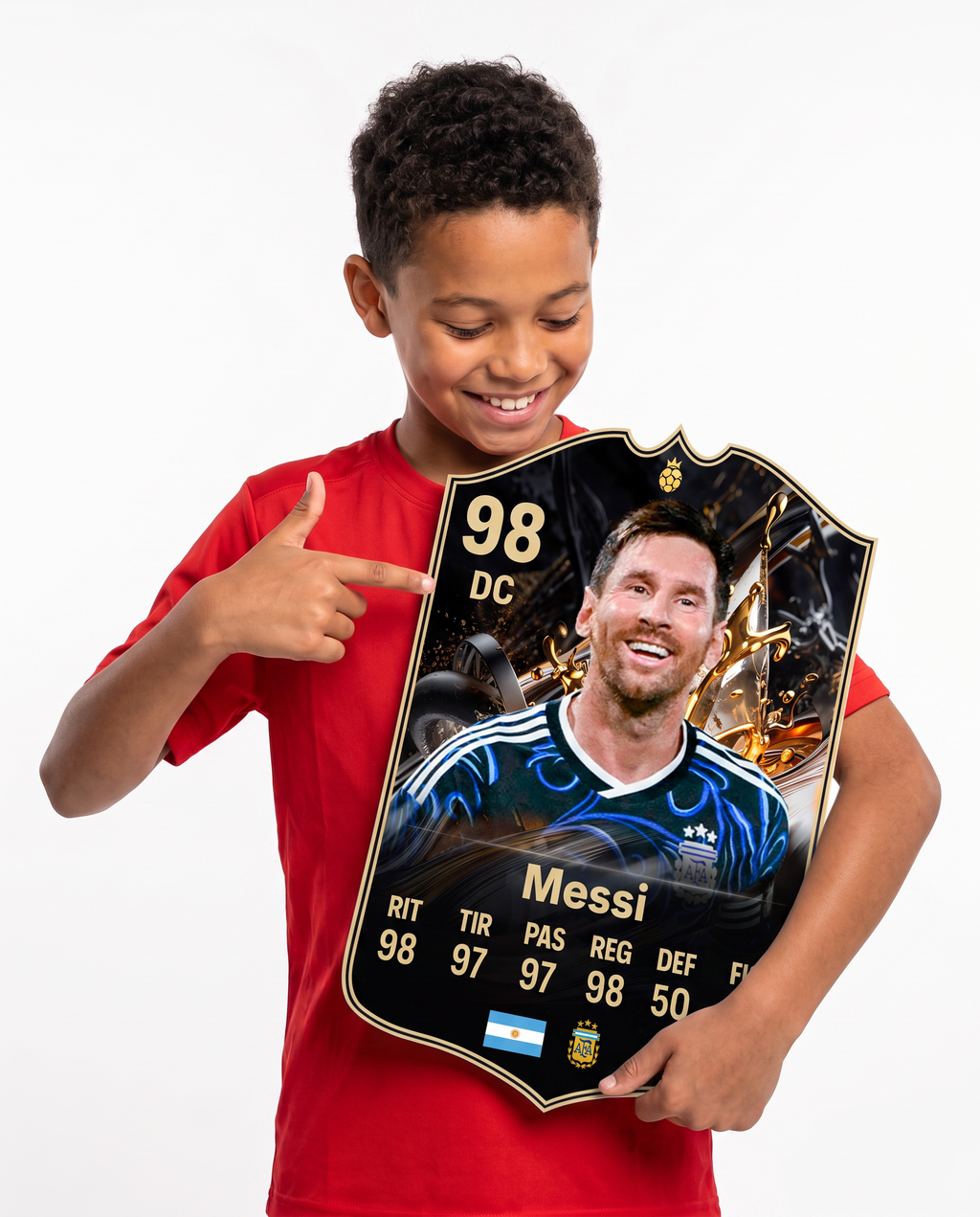 Diseño 5 — niño mostrando su carta de Messi — Regalos de Fútbol